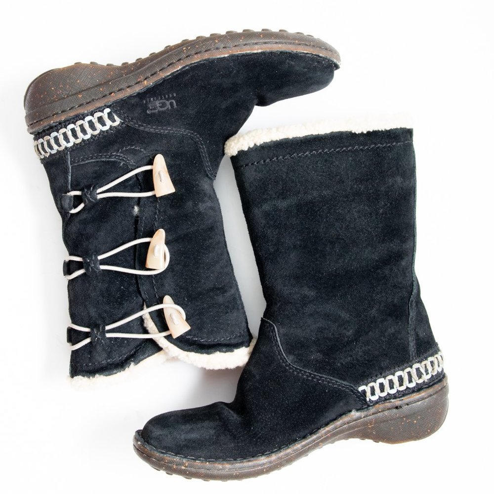 UGG Kona Boots Suede Shearling Winter Faux Bone Toggle Closures Black Size 5 - Picture 2 of 9